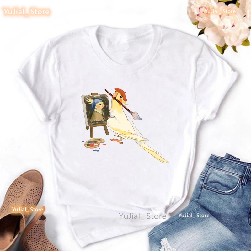 Cockatiel Parrot Draw Print Tshirt Women Harajuku Kawaii Clothes Funny White T Shirt Femme Summer Fashion Bird T-Shirt Female