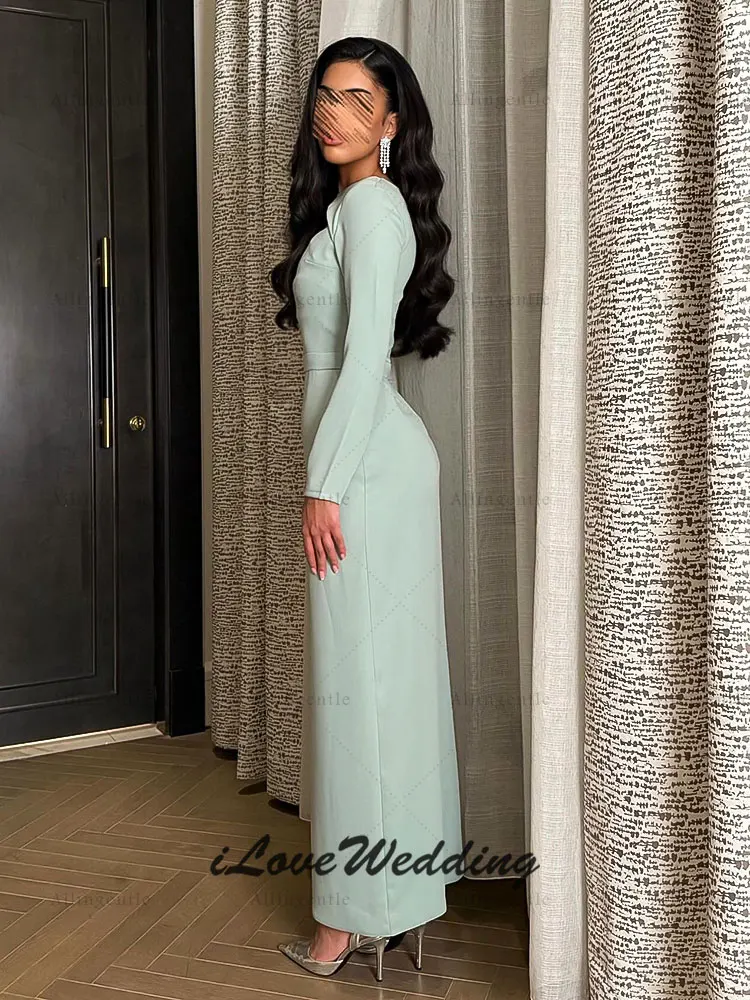 Robe de soirée élégante en Satin bleu bébé, longueur cheville, gaine, manches longues, robes de bal pour femmes, robes de fête de mariage personnalisées