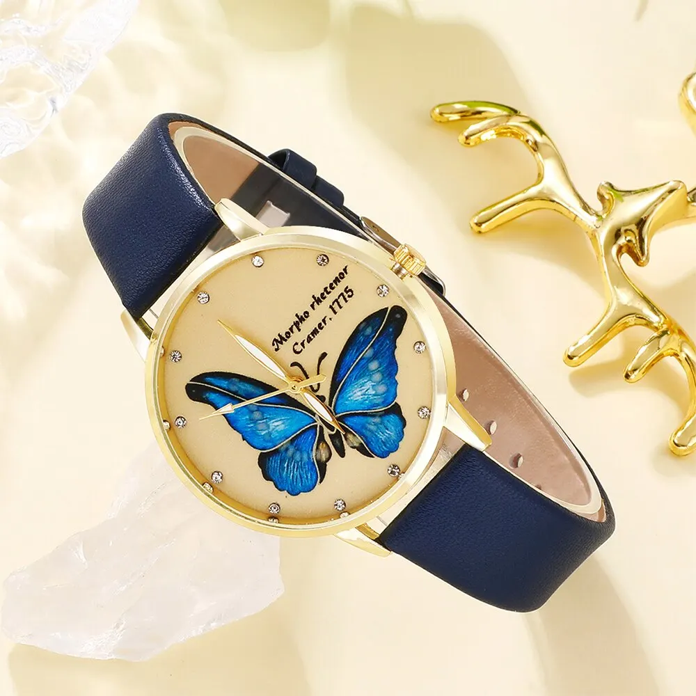 5pcs Set Womens Fashion Quartz Watch Female Clock Butterfly Dial Luxury Brand Design Women Watches Simple Ladies Wrist Watch