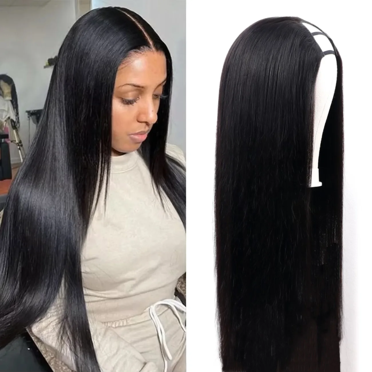 

32 Inch U Part Machine Made Wigs 220 Density Straight Natural Human Hair U Shape Wigs Straight Natural Long Hair Wigs For Women