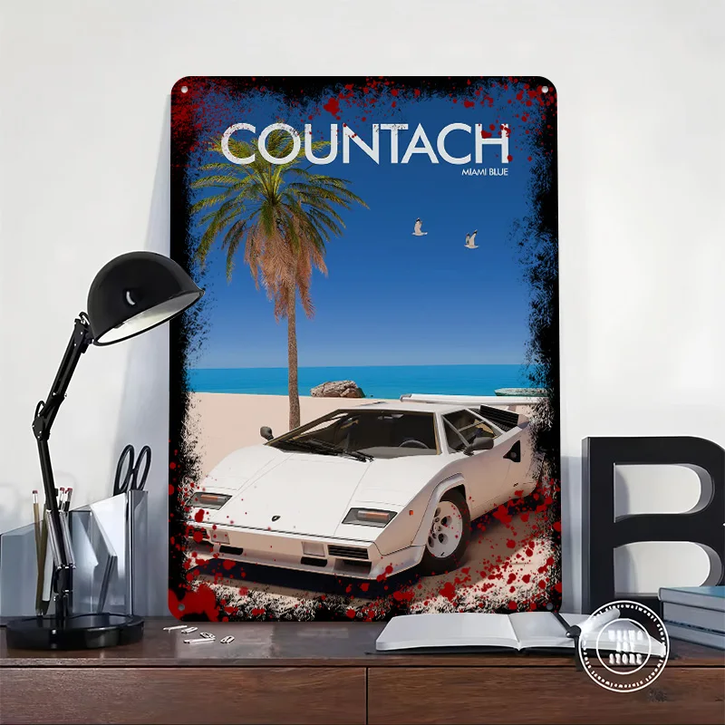 Countach Miami Blue Beach Scene Car Printed Poster Customized Retro Wall Art Vintage Metal Tin Signs for Home and Decoration