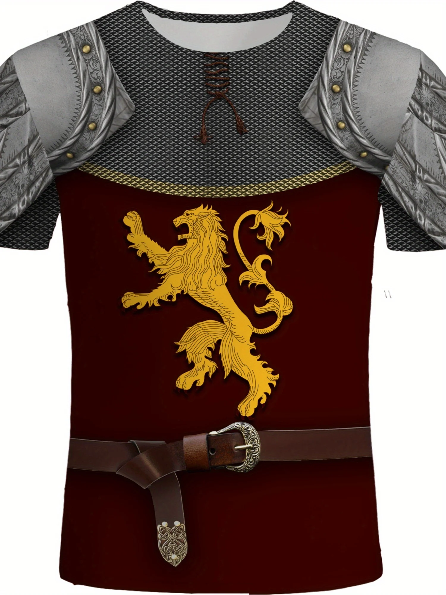 

Men's Retro Knight Armor 3D Print T-Shirt - Lion Totem Design, Maroon & Golden Color, Short Sleeve, Soft Polyester Fabric