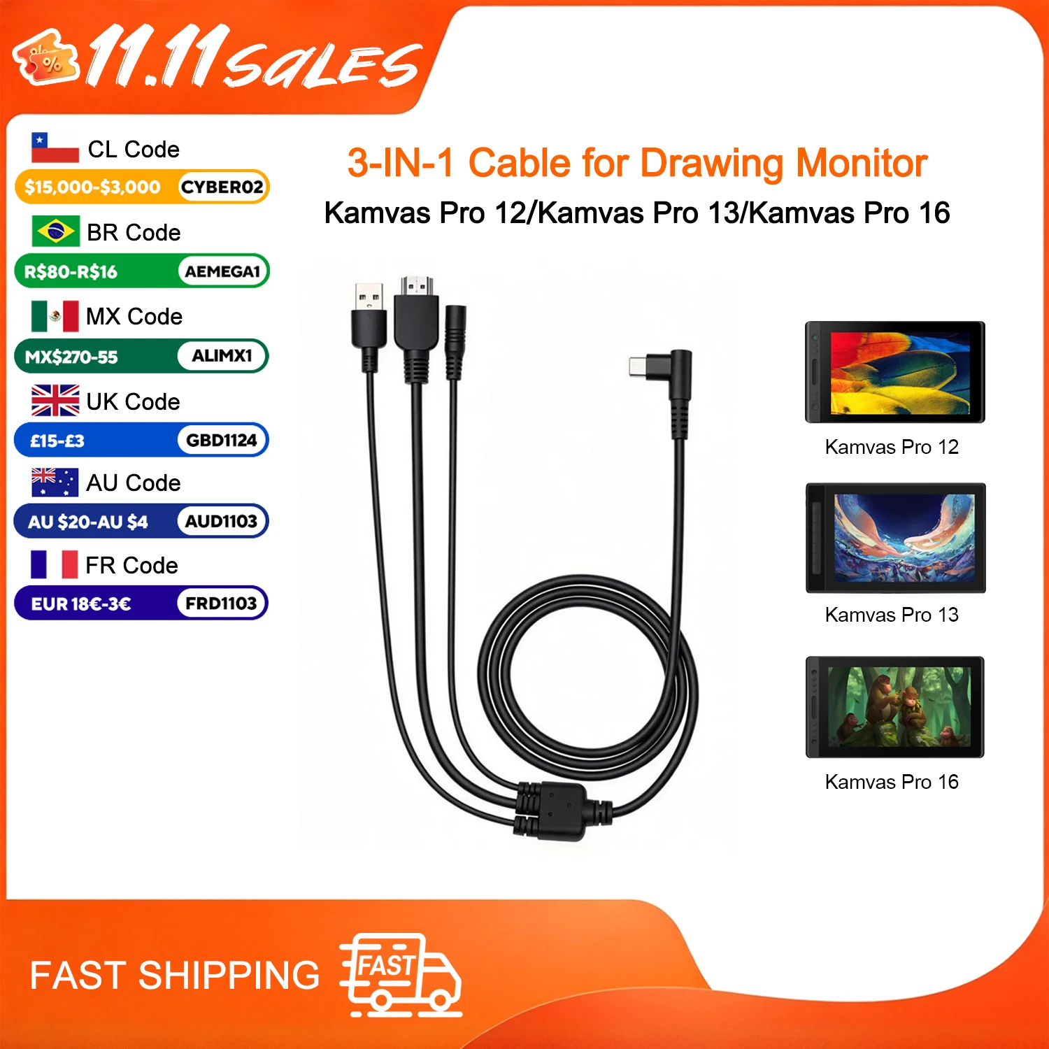 3 IN 1 Cable CB01 ONLY CompatibleFor HUION Kamvas Pro 12 / Pro13 / Pro16, Pen Tablet Monitor Cable Replacement