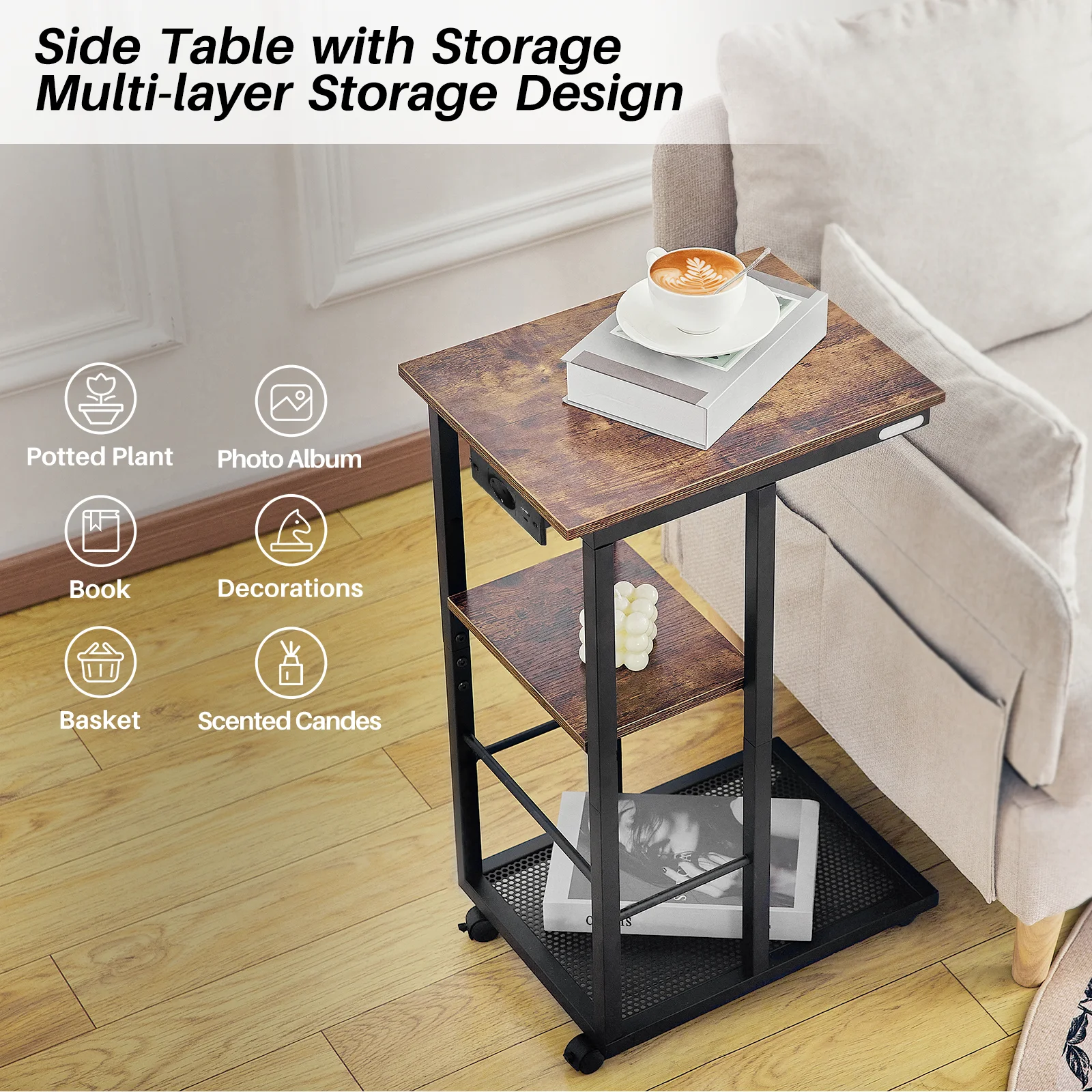 Redlife C Shaped End Table w/ Charging Station Side Table for Couch Sofa Table w/ Storage Shelf & Rolling Wheels for Small Space