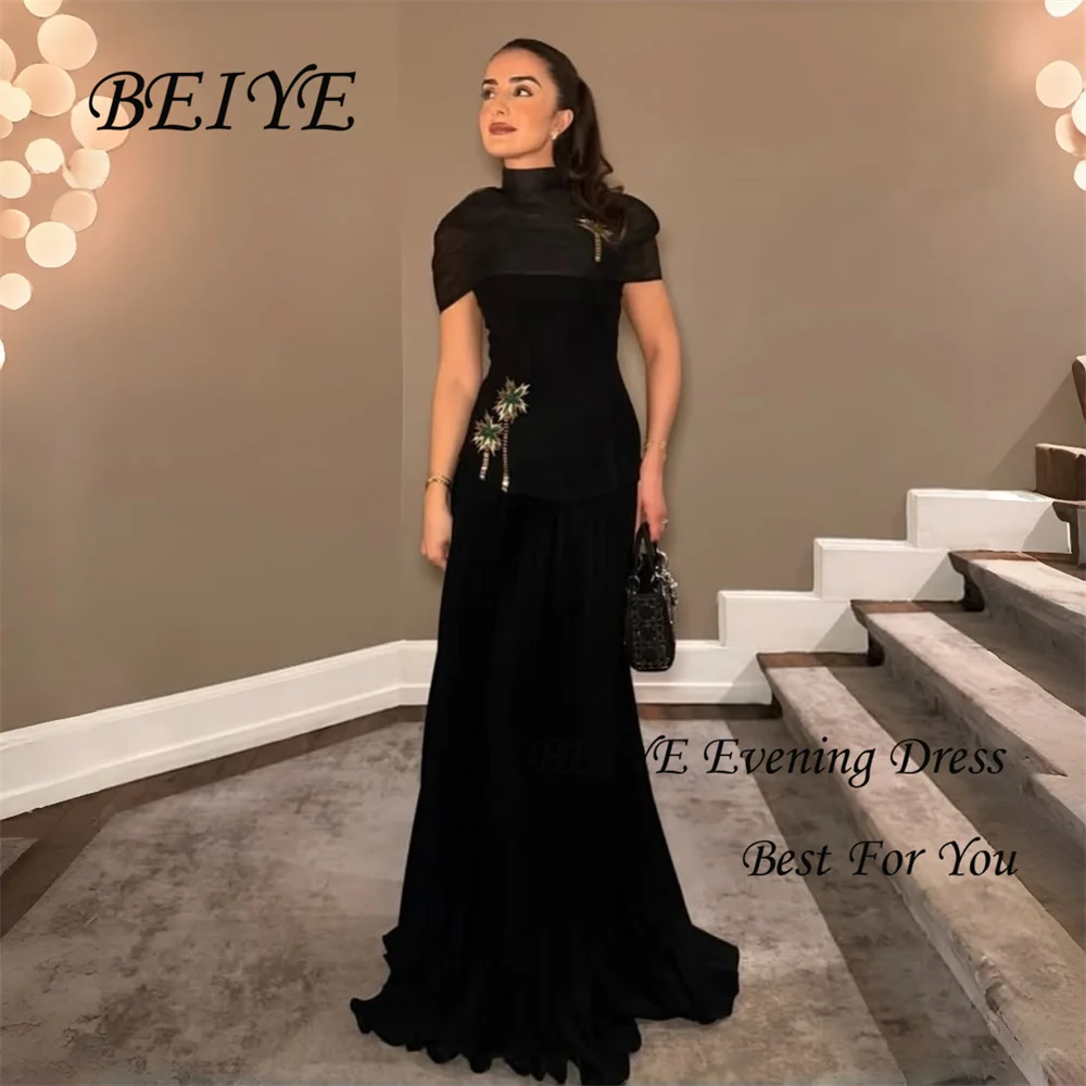 BEIYE – robe de soirée de forme sirène, élégante, noire, musulmane, col haut, manches courtes, plissée, perles, robe de soirée formelle, personnalisée, 2026