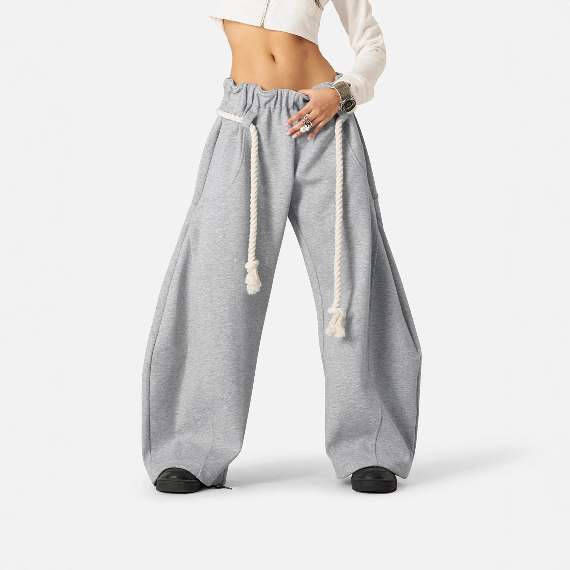 

New Casual Women Street Pant Fashion Autumn Oversized Vintage Pocket Drawstring Wide Leg Pants Elegant Loose Baggy Chic Trousers