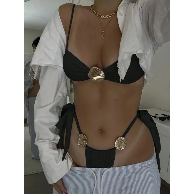 2025New قذيفة معدنية ديكور بلون الدانتيل متابعة مثير لطيف Partybikini