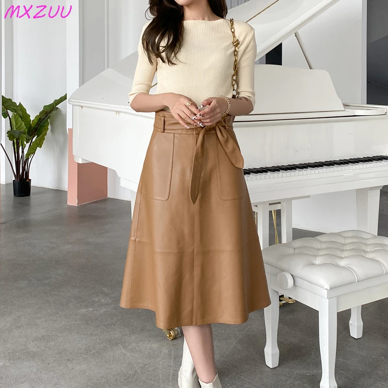 Long Skirts for Women Genuine Leather Plus Size Slim Khaki/Black Skirt Soft Sheepskin Belt Pocket A-Line Jupes Femme Streetwear