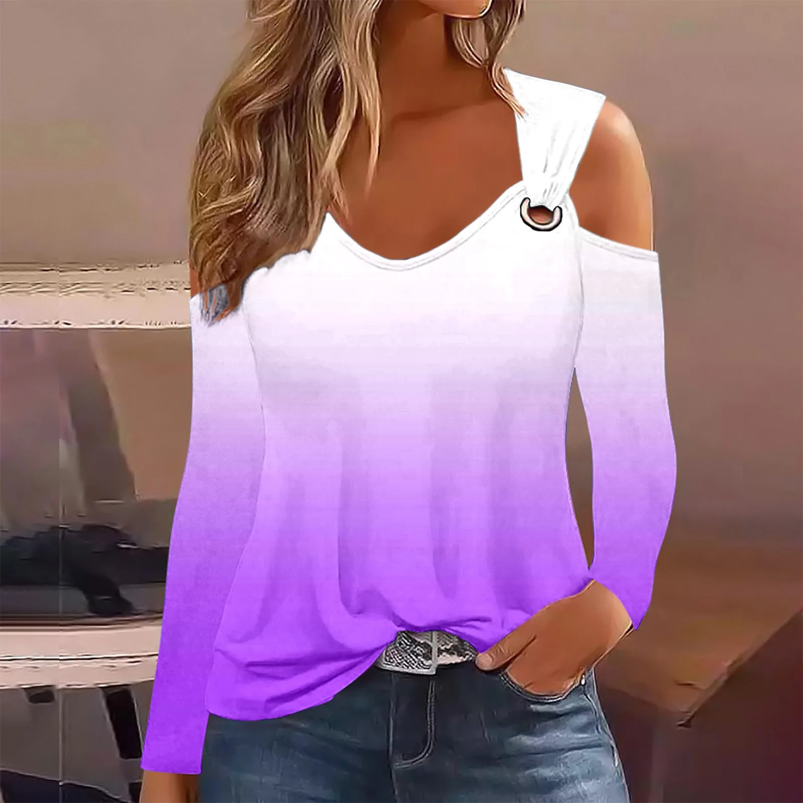 2024 Jesienna koszulka z długim rękawem Kobiety Casual Wydrążony Tshirt Damskie topy z nadrukiem gradientowym Seksowna koszulka na ramiączkach Top