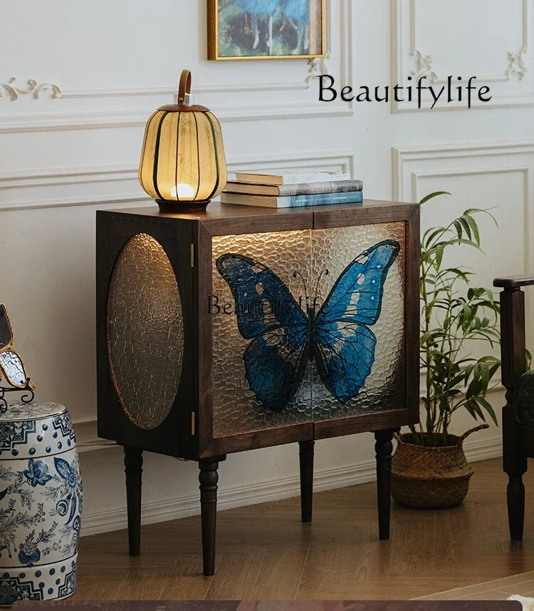 

Wine cabinet black walnut retro painted glass French living room decorative storage entrance cabinet advanced sense