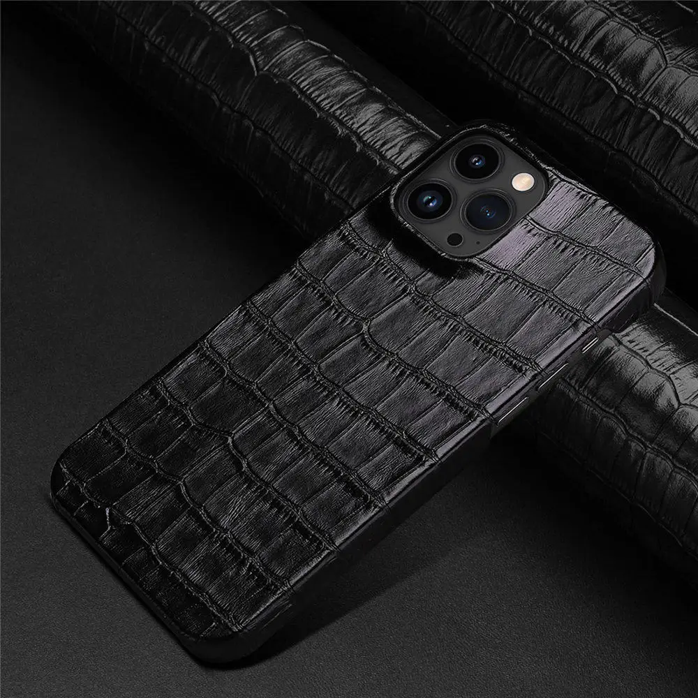 Capa de crocodilo de couro genuíno para iPhone 14 15 16 Pro Max Business Cover