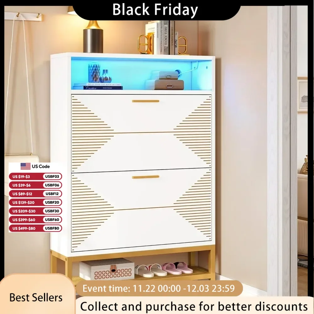 Shoe Cabinet,Modern Free Standing Tipping Bucket Rack Organizer with 2 Flip Drawers&LED Lights, Shoe Storage