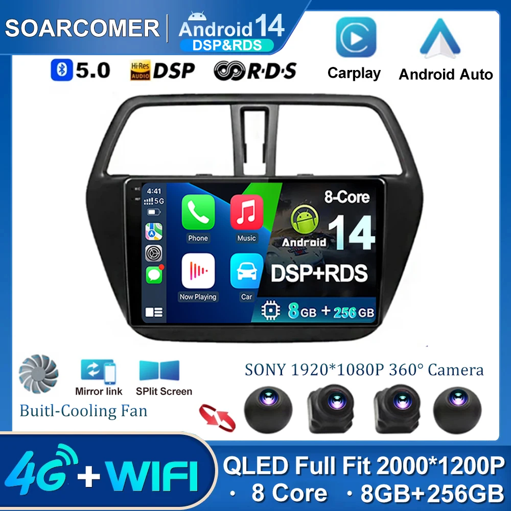 Android 14 Car Radio For Suzuki SX4 S-Cross 2014-2017 Navigation GPS Stereo Video Multimedia 360 Camera Player BT 2Din 2 Din DVD