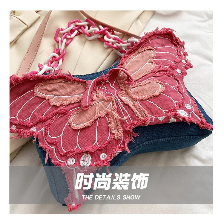 Underarm Bag with Bow Knot, Beauty Pink Butterfly Handheld Chain Bag, Lady Style INS Denim Tassel Shoulder Bag