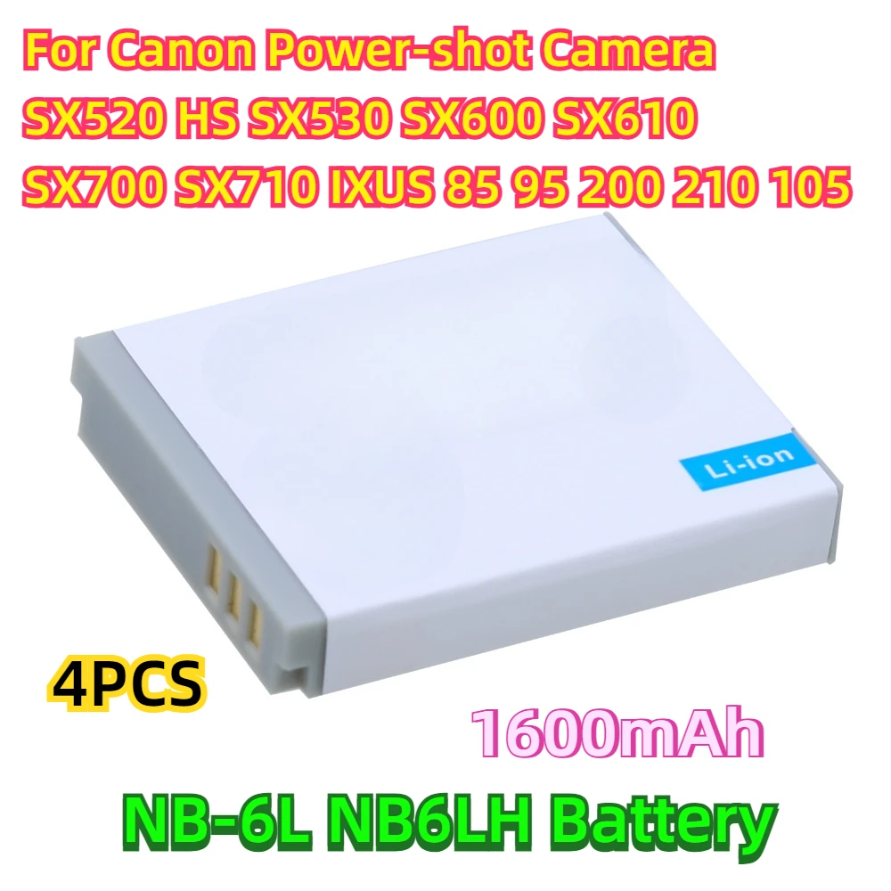 

For Canon Power-shot Camera SX520 HS SX530 SX600 SX610 SX700 SX710 IXUS 85 95 200 210 105 4Pcs 1600mAh NB-6L NB6L Battery