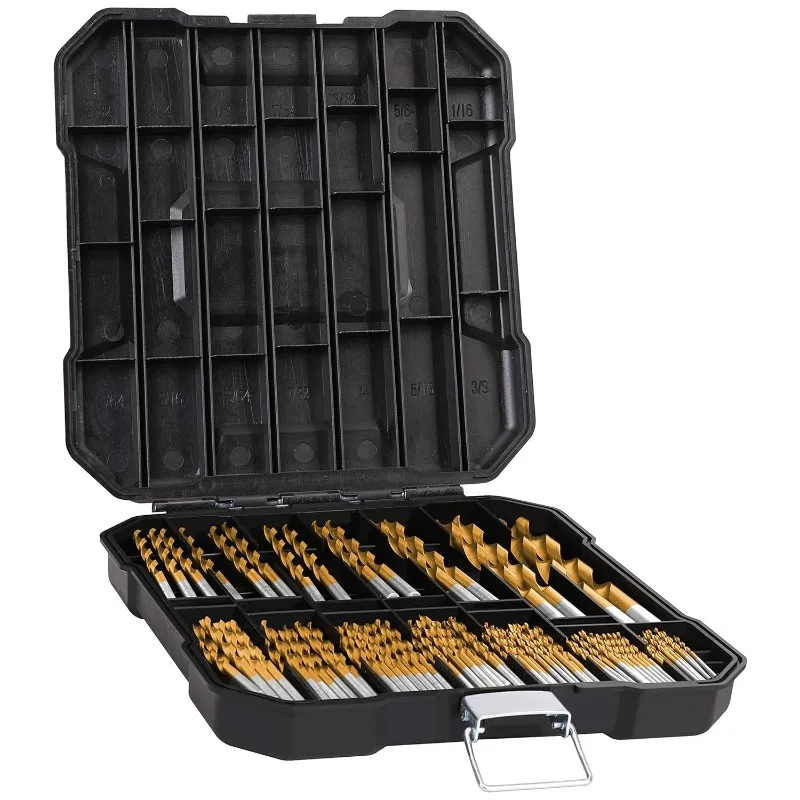 

99 Pieces Titanium Twist Drill Bit Set, 135° Tip High Speed Steel, Size from 1/16" up to 3/8", Ideal Drilling in Wood/Cast Iron