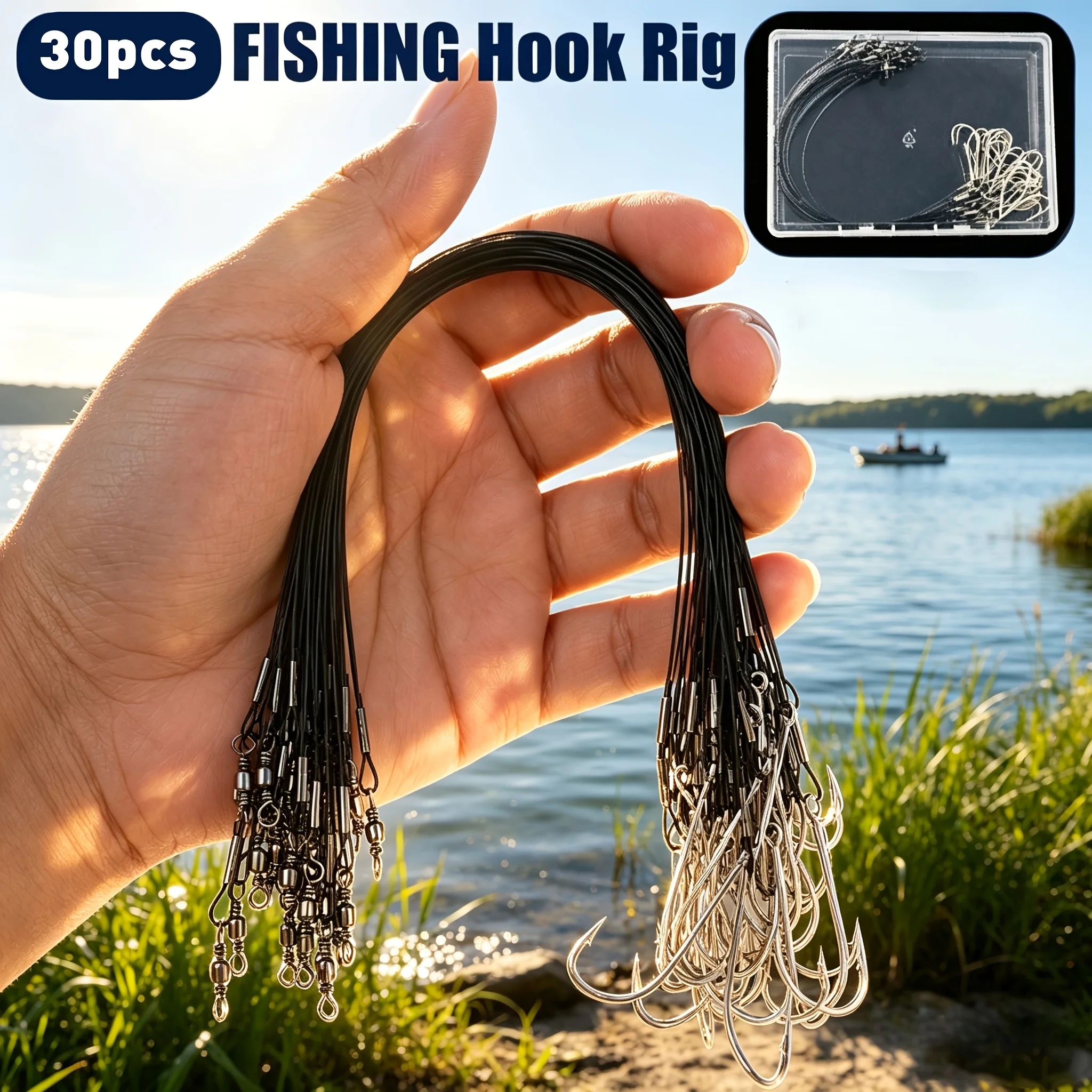 30pcs Wire Leader Fishing Hook Rigs, High Carbon Steel Barbed Fish Hooks with Black Stainless Steel Anti-Bite Wire Line