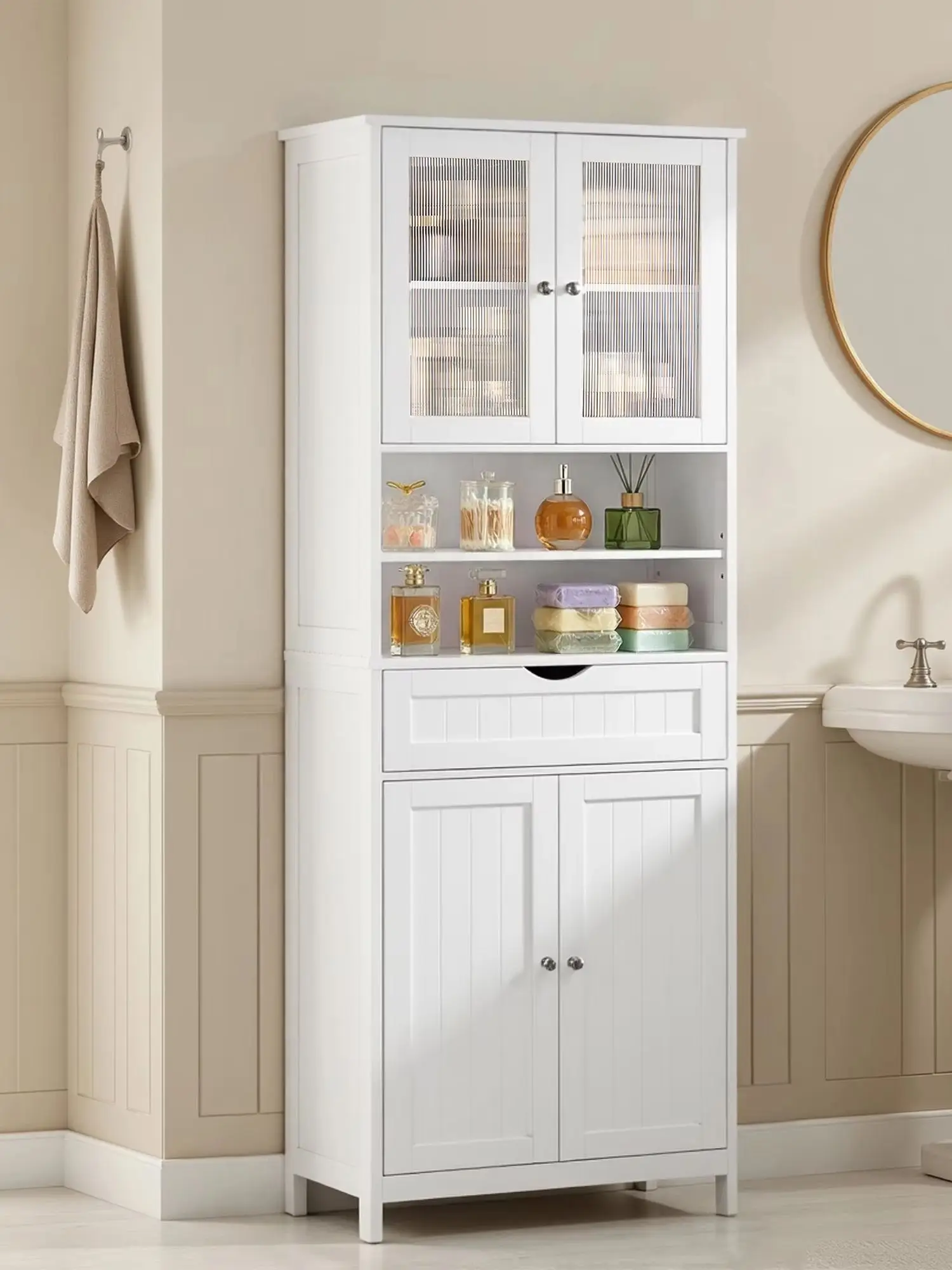VASAGLE Badezimmerschrank mit verstellbaren Ablagen, Badschrank, Aufbewahrungsschrank, Schublade, offenen Fächern