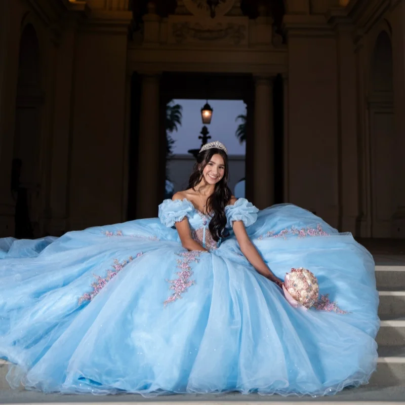 

Blue Quinceanera Dress Sequins Crystal Flower Decal Lace Long tail off-shoulder Vestidos De 15 Quinceanera ﻿Customize