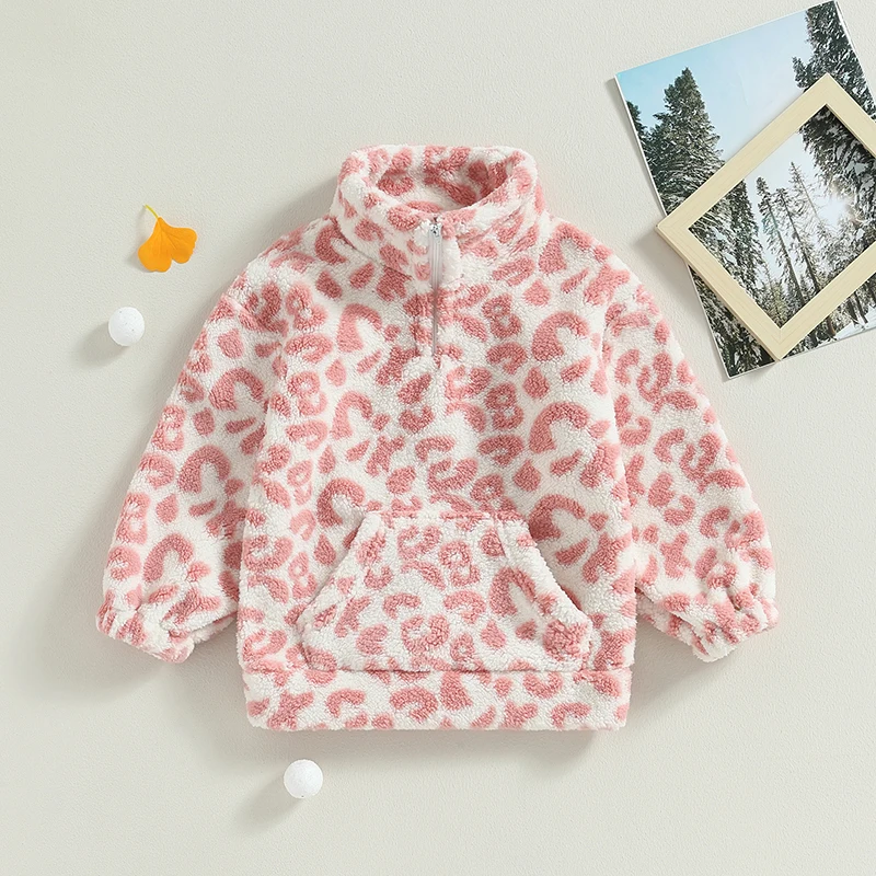 Toddler Girls Hoodie Winter Fleece Coat Long Sleeve Leopard Print Zipper Outerwear with One Pocket Warm Sweatshirt Streetwear