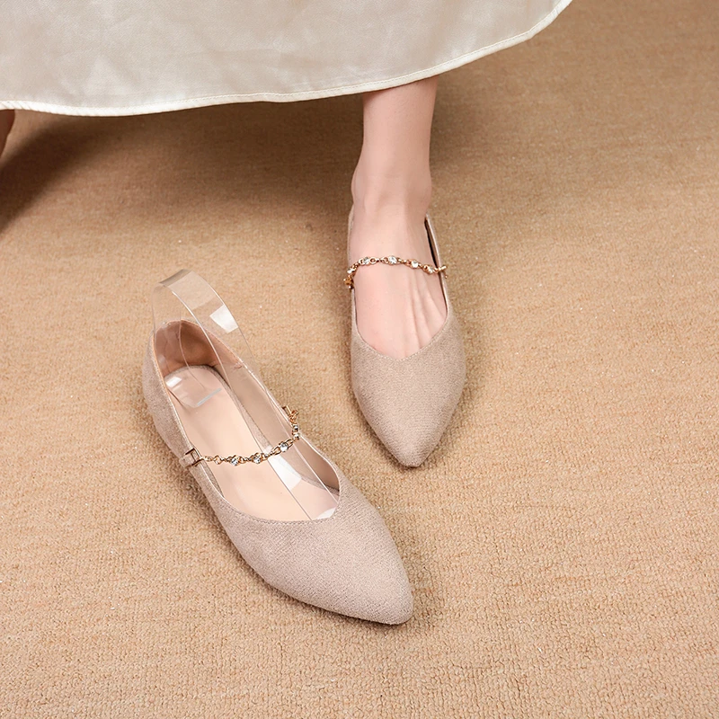 Frühling Herbst Damen Wildleder Spitze Mary Jane Flache Schuhe Kristallketten-Riemen Rutschfeste Lässige Bequeme Schuhe – Detail 6