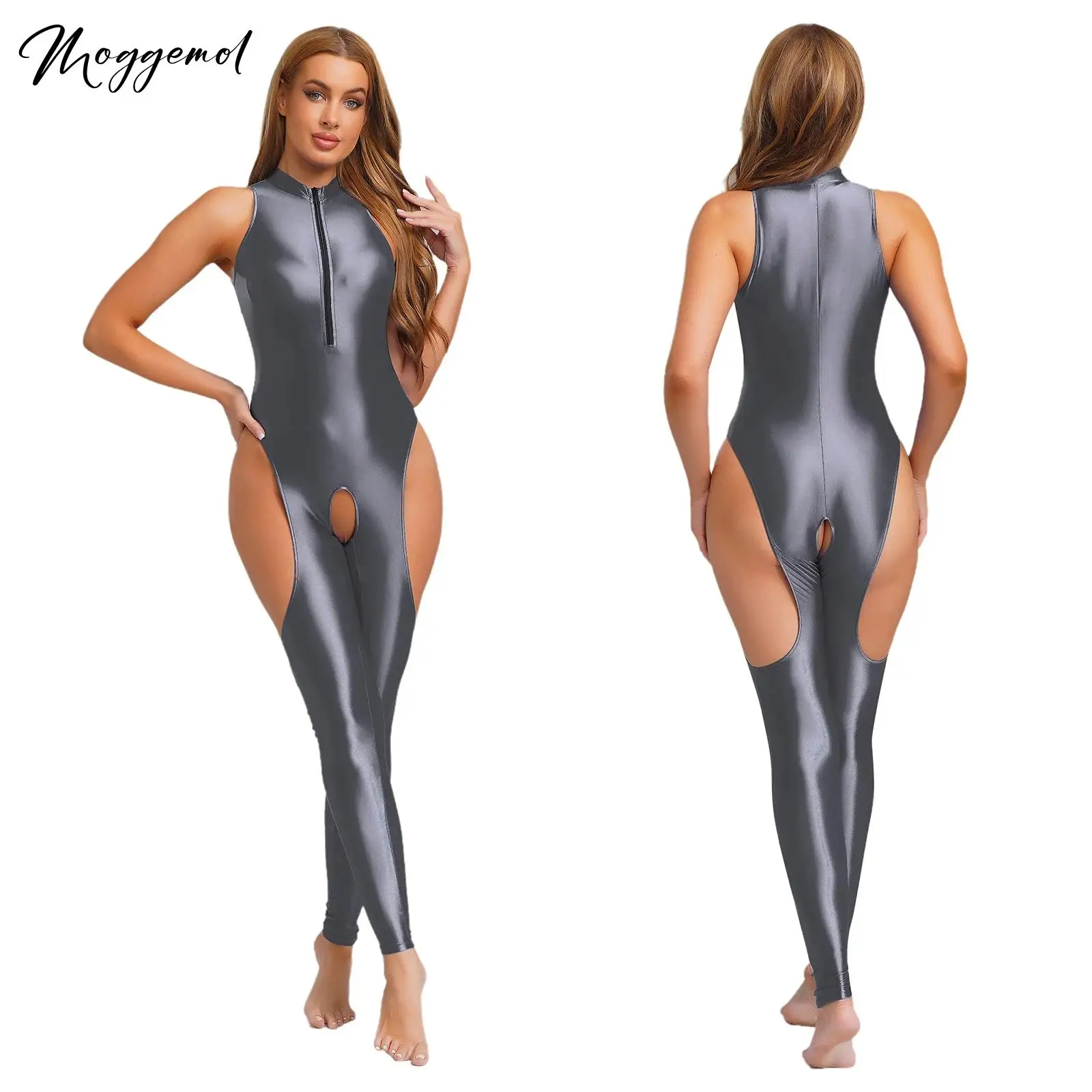 

Womens Sexy Shiny Oily Yoga Jumpsuit Mock Neck Sleeveless Front Zip Open Crotch Cut Out Bodysuit Leggings Lingereie Catsuit