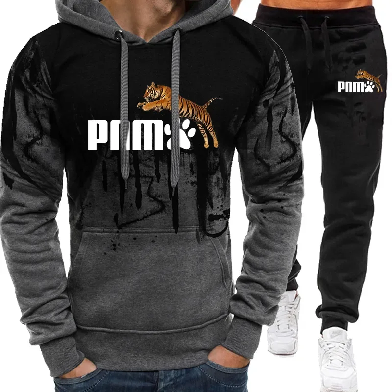 

Men's Hooded Sweatshirt Set Splashing Ink Printed Hoodies+ Jogger Sweatpants Outfits Tracksuit Man Pullover Sport Kit Streetwear