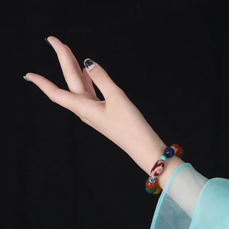 Three-Eyed -Red High-Oil Dzi Bead, Blood-Ba Glazed Sugar Ball, Green Turquoise, Cow Bone Bracelet, Tibetan Multi-Treasure B