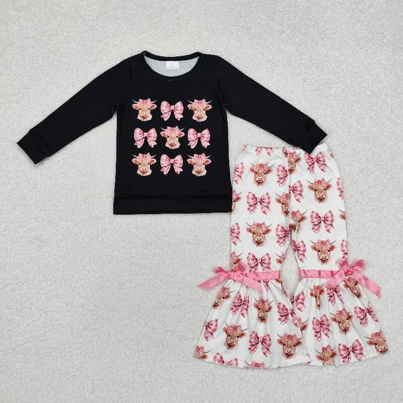 9.18y Pink Plaid Bow Long Sleeve Set Winter Baby Girl Clothing Set  And Black Trousers Outfit Wholesale