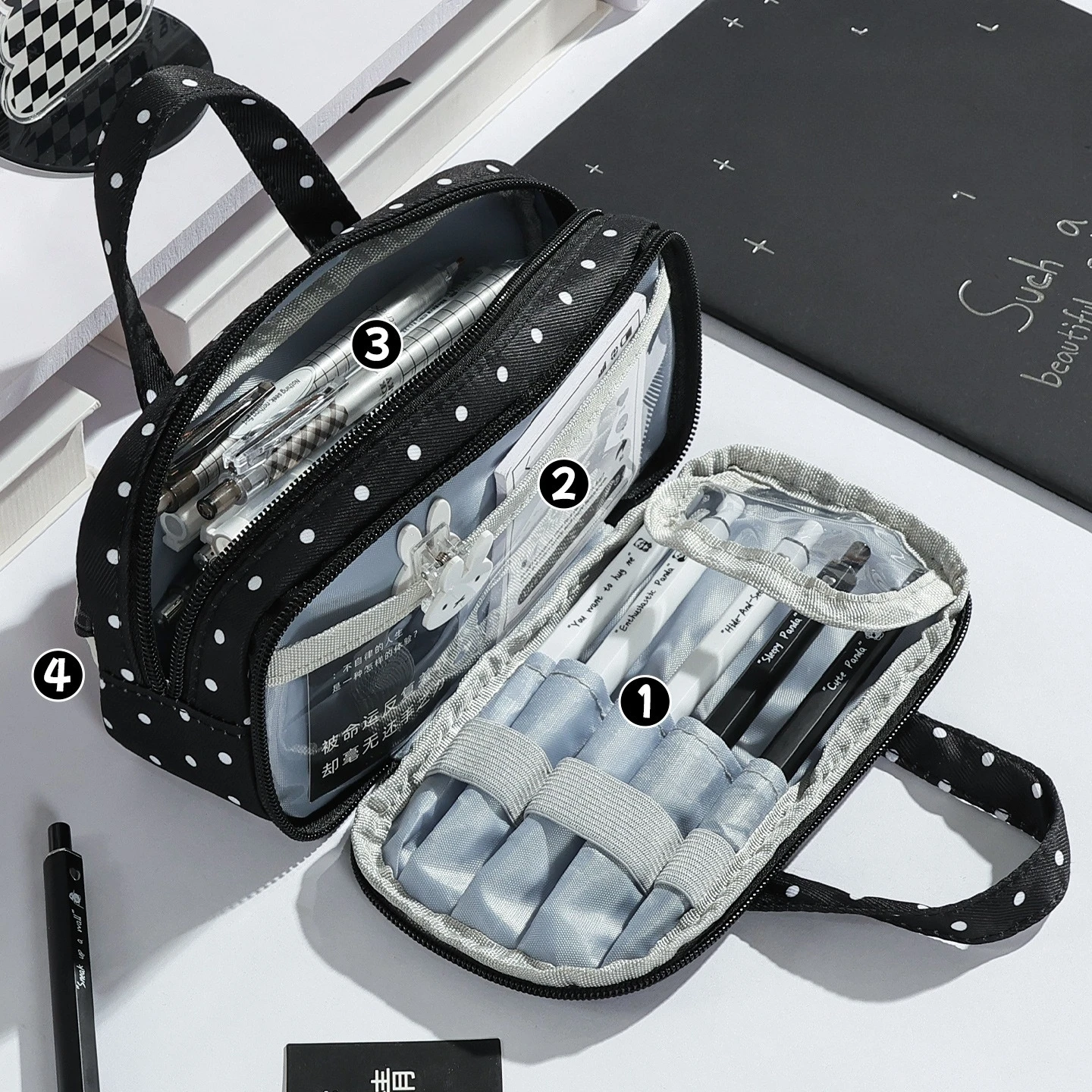 Sweet Ruffle Polka Dot Clear PVC Window Pencil Bag Plaid Splicing Large Capacity Pencil Case for Primary Middle School Girls