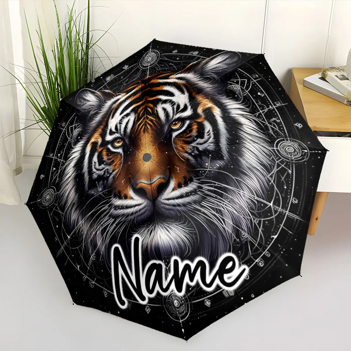 Custom Name Umbrella Majestic Tiger Design on Unique Umbrella Print 8 Iron Ribs Folding Umbrella Auto-Open Fashion Sunshade