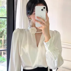 V Neck Temperament Satin Shirts Blusas Femininas Elegantes White Tops Office Lady New Spring Autumn Blouse Chic Korean