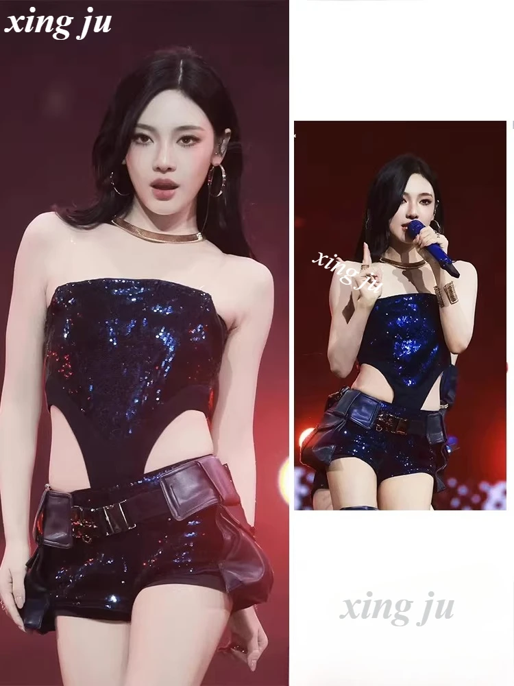 

Xing Ju Korean Singer Concert Costume Black Sequined Strapless Jumpsuits Sexy Hot Girl Tight Shorts Women Nightclub Stage Wear