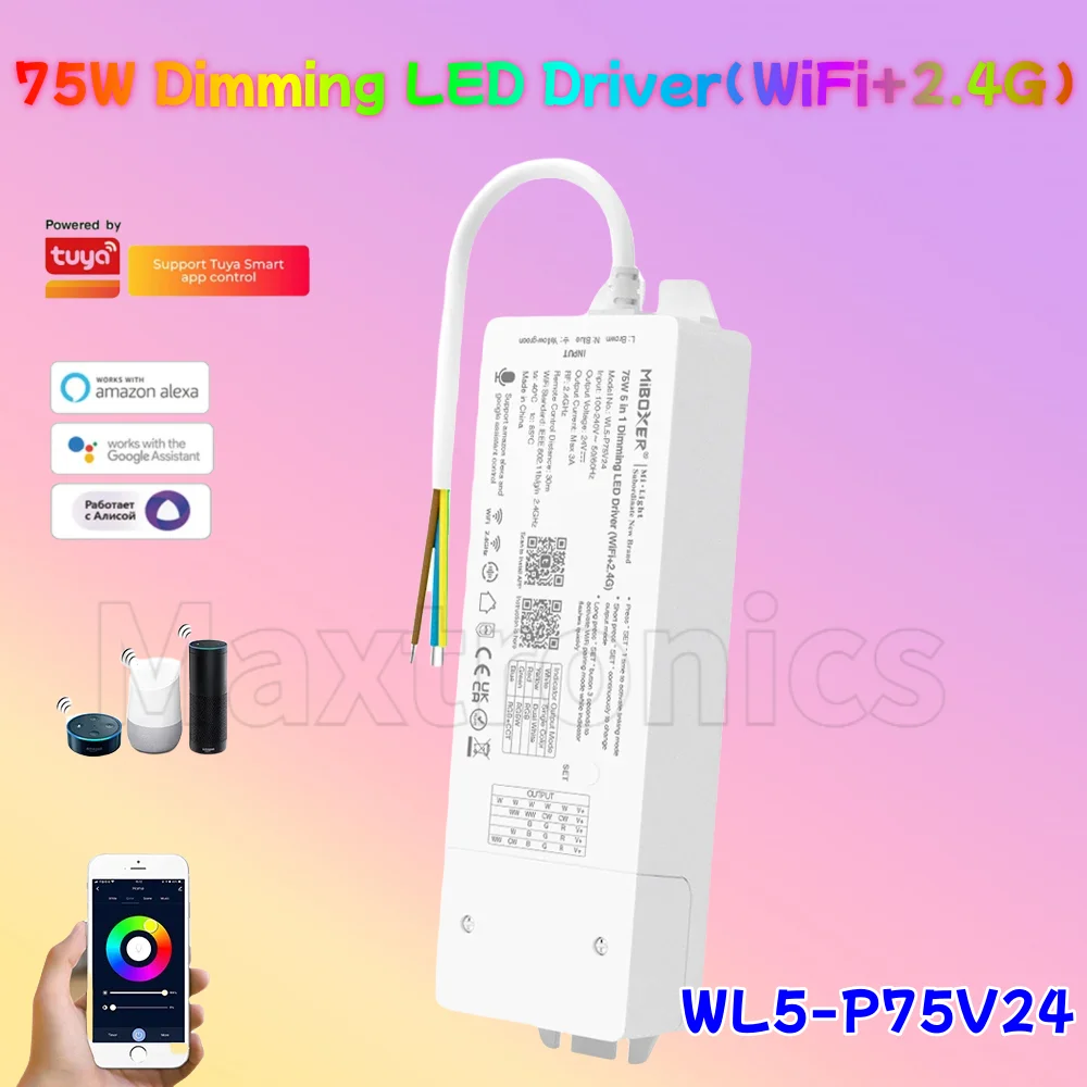 

MiBoxer WL5-P75V24 5In1 Tuya Smart 24V75W WiFi+2.4G Dimmer Built-in Driver for Single Color/Dual White/RGB/RGBW/RGBCCT LED Strip