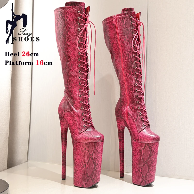 

2024 Snake Pattern 26CM High Heels Stripper 16cm Platform Fashion Knee-High Boots For Women Nightclub Pole Dance Shoes Plus Size