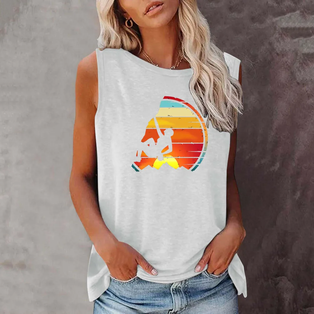 Seeyoushy Sunset Climbing Summer Fashion Women\'s Sleeveless O-neck T-shirt Women\'s Top T-shirt Printed Top Women\'s Clothing Tops