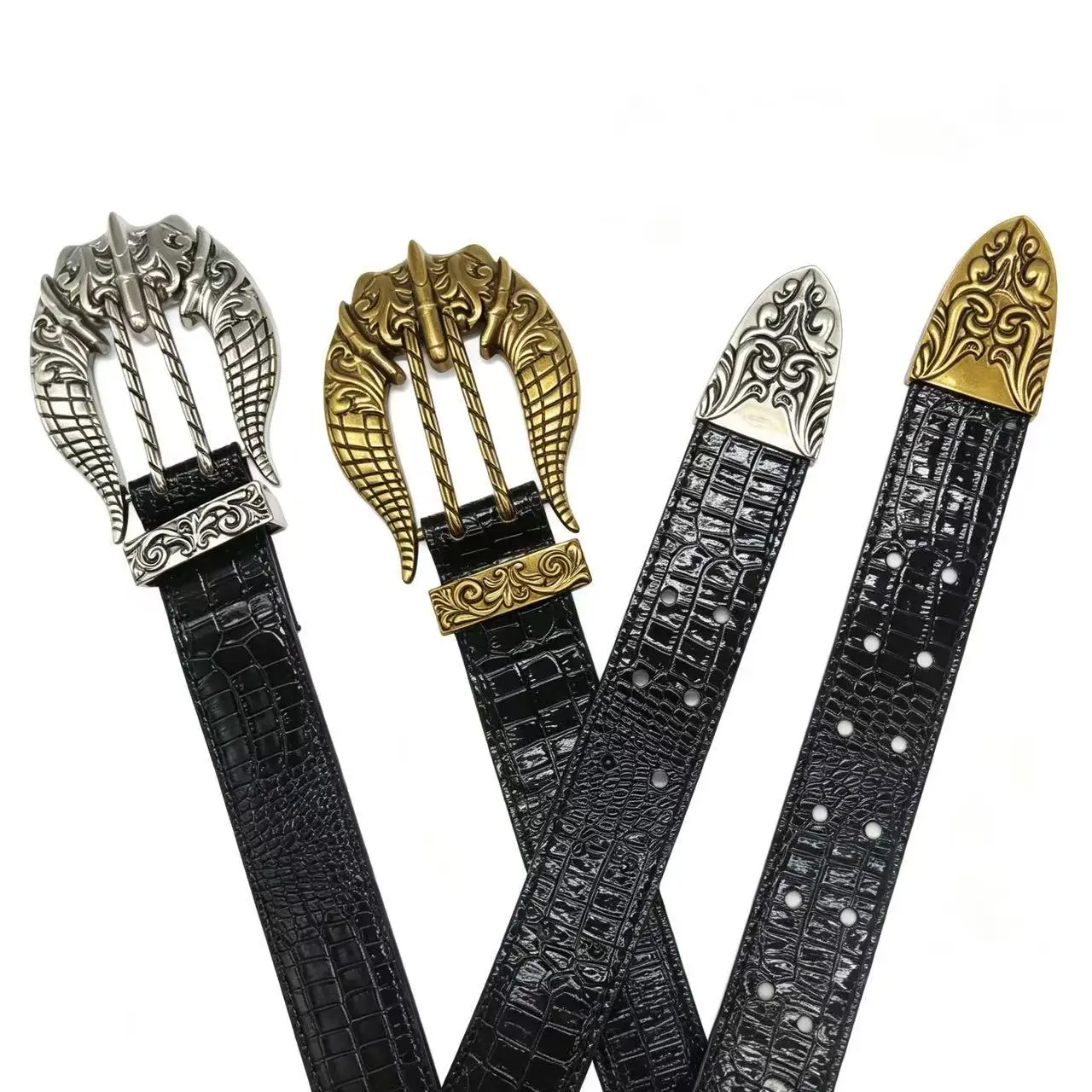 Trendy retro engraved eagle claw button-front double-breasted punk leather belt