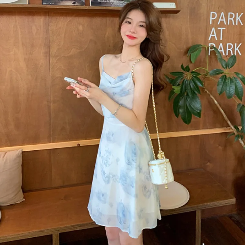 Dresses Women Gentle Students Temperament Floral Design Backless Sleeveless Chiffon Cozy Ulzzang Streetwear Attractive Summer