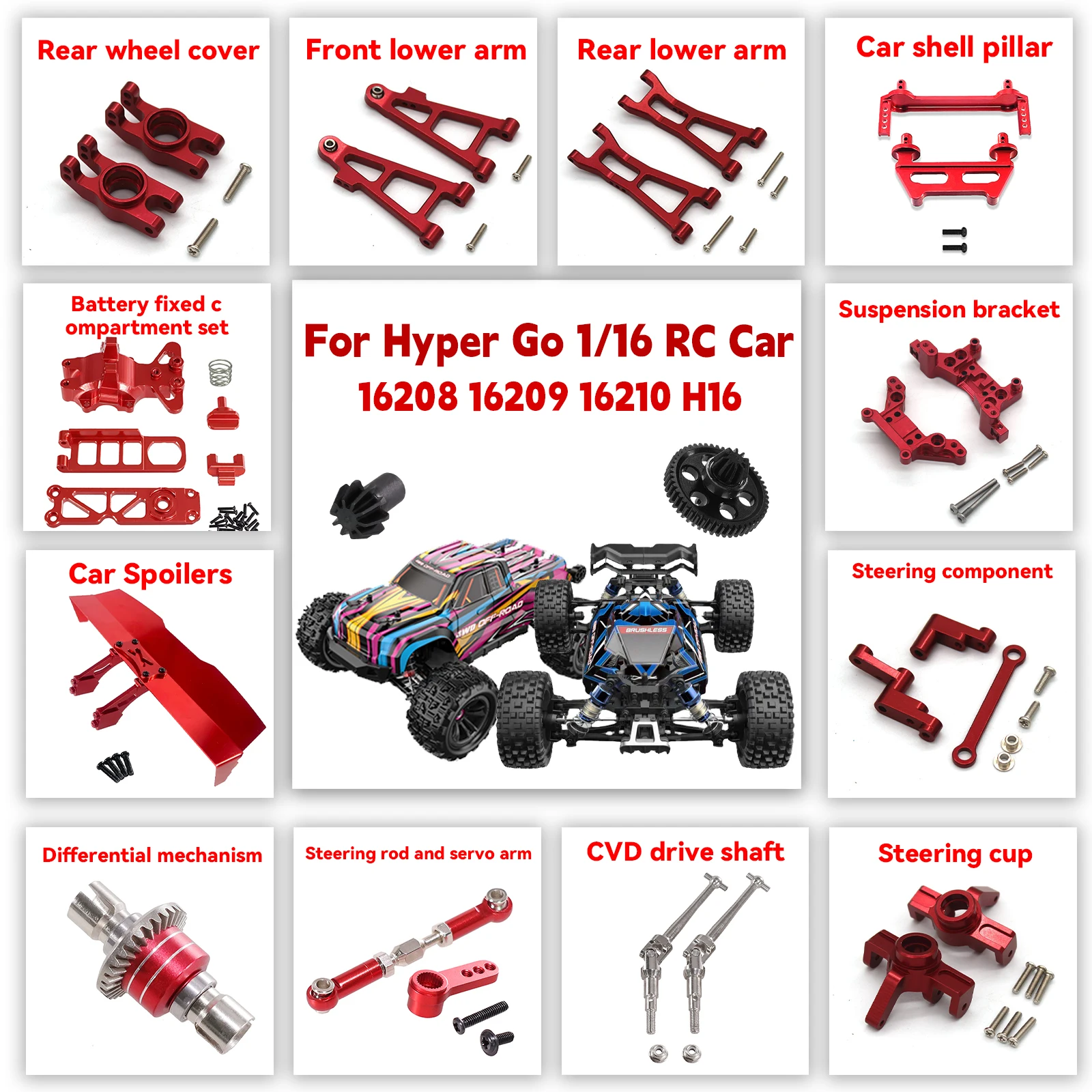 MJX Hyper Go 16207 16208 16209 16210 H16 RC Car Metal Steering Cup Upper Lower Swing Arm Set Shock Tower Bracket Upgrade Parts