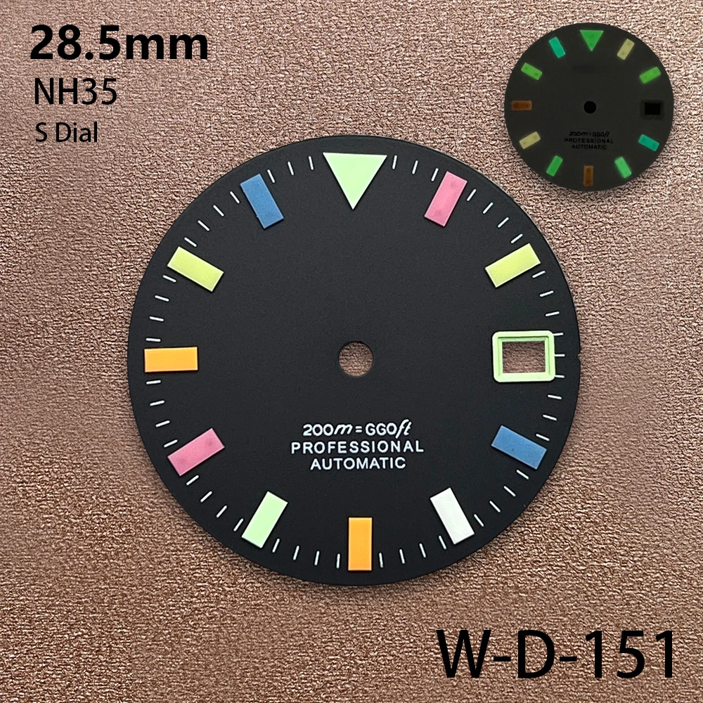28,5 мм цветной циферблат с логотипом S, подходит для механизма NH35/NH36/7S/4R, красочные светящиеся матовые качественные аксессуары для модификации часов