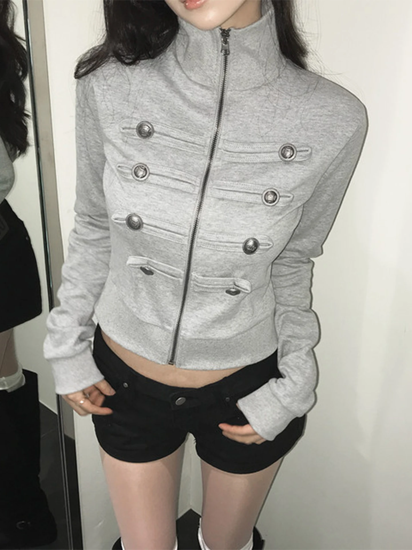 Elegant Short Napoleon Stand Collar Jacket Women's Autumn New Style Slimming Court Style Outerwear Nylon Fabric Zipper Closure