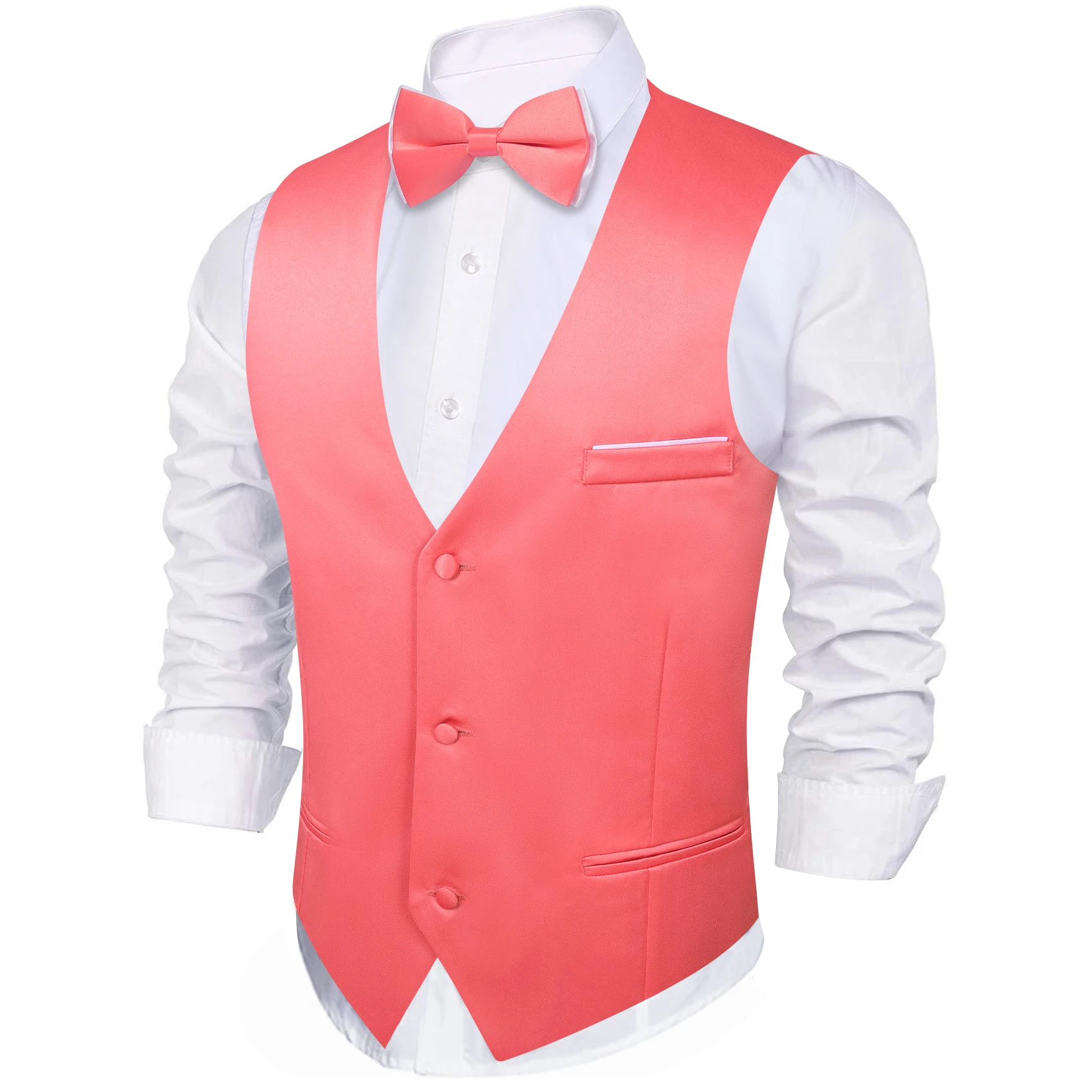 Silk Vest for Men Rose Red Solid Plain Wedding Party Waistcoat Bowtie Set Set Male Sleeveless Jacket Formal Casual Barry Wang