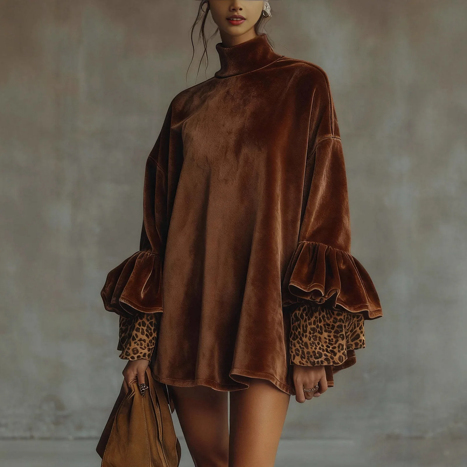 

2025 New Fashion Printed High Neck Long Sleeve Dress Women Winter Casual Loose Leopard Print Home Mini Dresses For Women