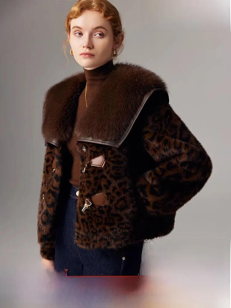 

Ladies' Winter 2025 New Sle Leopard Print Fur Coat Inteated Outerwear Water Rabbit Fur Simulation Large Coat with Fur Collar