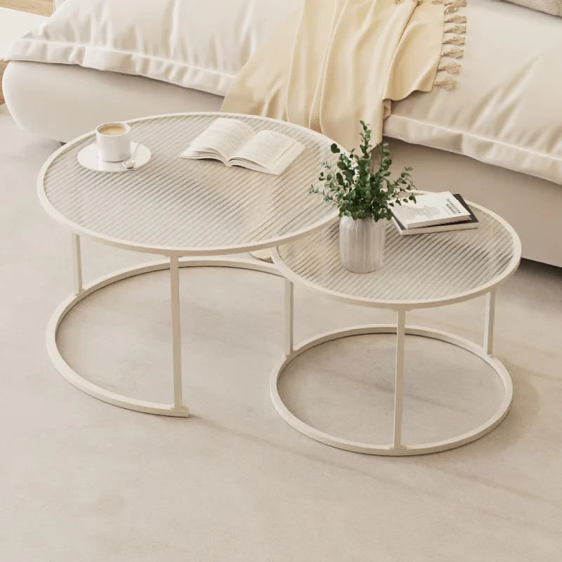 

#Light Luxury Glass Top Iron Frame Multifunction Easy To Clean Modern Round Coffee Table Home Furniture