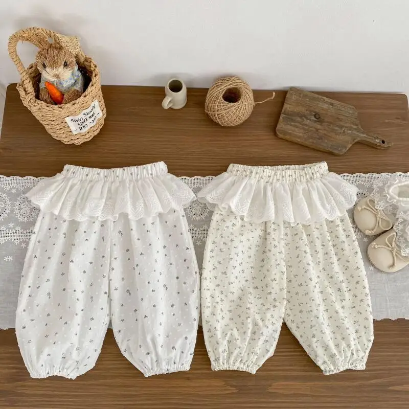 Summer Baby Girls Anti-Mosquito Pants Thin Bloomers Pants Floral Printed Lace Waist Air-Conditioned Kids Clothes Cotton Costume