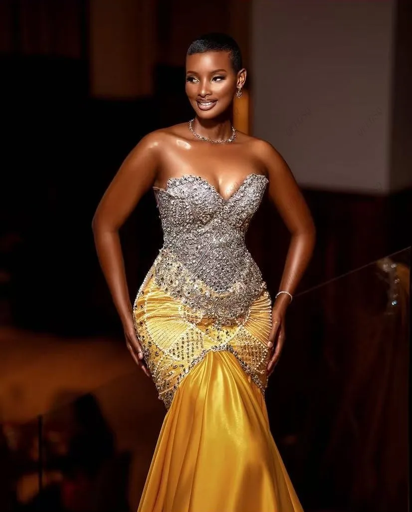 Gorgeous Formal Party Dresses Trumpet Aso Ebi Style Gold Prom Gowns Beads Mermaid Long African Wedding Guest Dress Beading