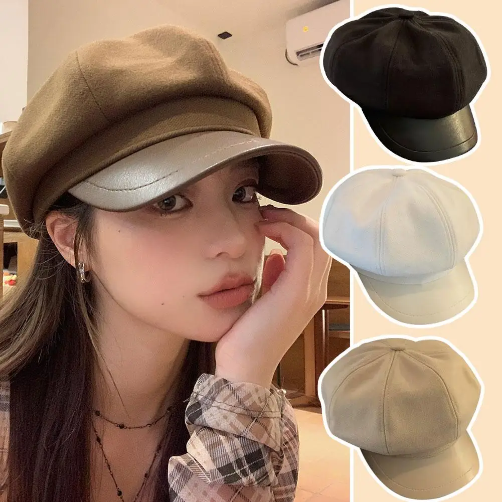 Topi wol polos untuk wanita, topi pelukis baret oktagonal polos kasual musim dingin musim gugur pria wanita