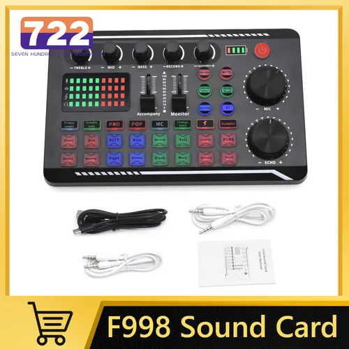 F998 사운드 카드 마이크 다기능 내구성 유용한 전문 볼륨 조절 USB 라이브 스트림 오디오 카드 어댑터, PC용