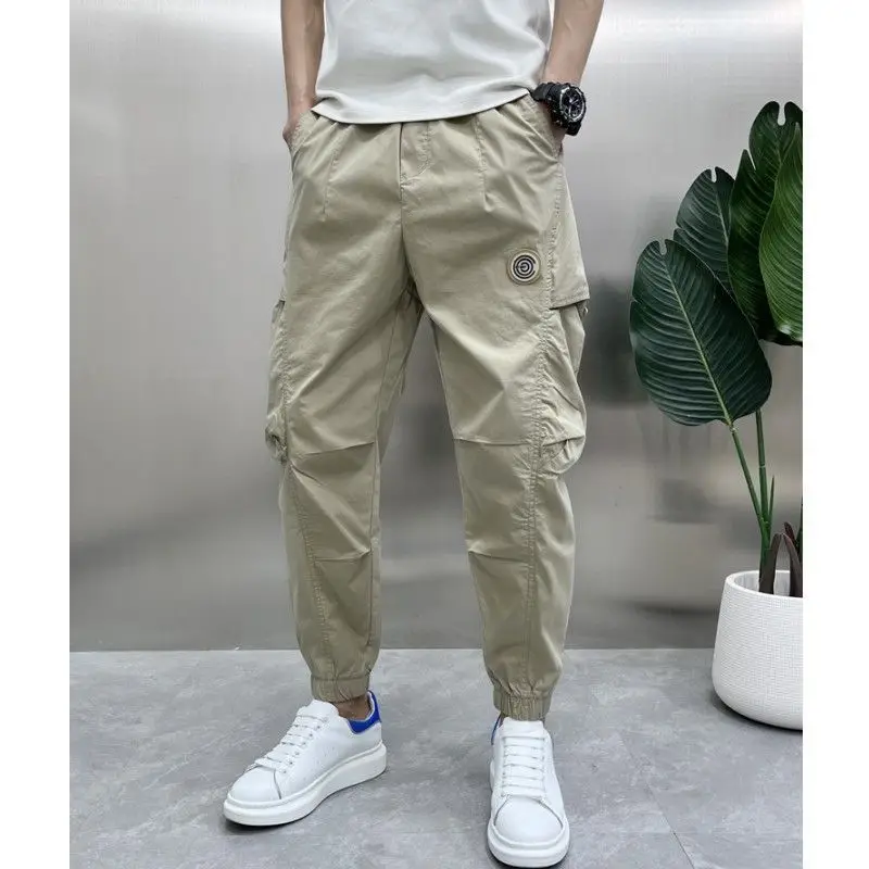 Bloomers Trousers Cargo England Style Solid Color Elastic High Waisted Pockets Casual Men's Clothing Spring Autumn Vintage Pants